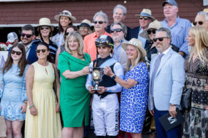 Partners and team members accept the Intercontinental Stakes trophy in the Saratoga winner's circle | NYRA photo